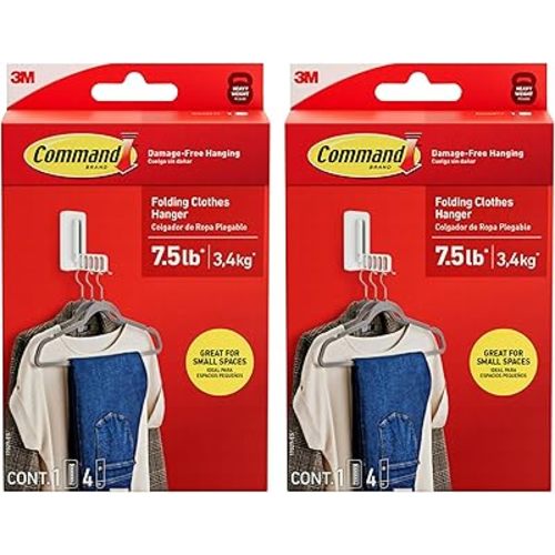 Command Folding Clothes Hanger, Holds up to 5 Hangers 7.5 lb, 1.5lbs per Rung, 1 Hook with 5 Rungs, 4 Strips, Closet Organizer, Home Organization (2 Pack)