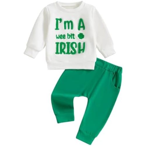 Toddler Baby Girl St. Patricks Day Outfit Little Lucky Charm Letter Ruffle Sweatshirt Four Leaf Clover Pants 2Pcs Set