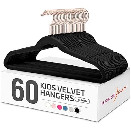 House Day Velvet Kids Hangers 60 Pack, Premium Children Hangers for Closet, Ultra Thin Cute Non Slip Kid Felt Clothes Hanger 14 Inch, Small Hanger for Toddler Clothes, Black