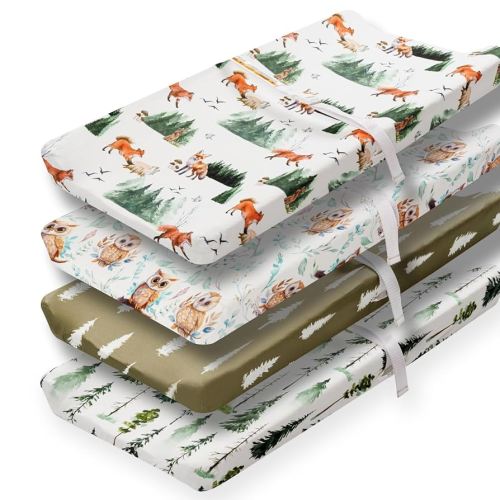 4 Pack Changing Pad Covers Woodland Forest Animals Wood Neutral Unisex Fitted Baby Changing Pad Cover Set for Baby Boys or Girls (Paint Fox)