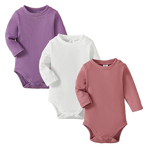 OPAWO Long Sleeve Onsies for Baby Girls' Bodysuits Newborn 3 Pack Infant Ribbed Fall Baby Girl Romper Undershirt
