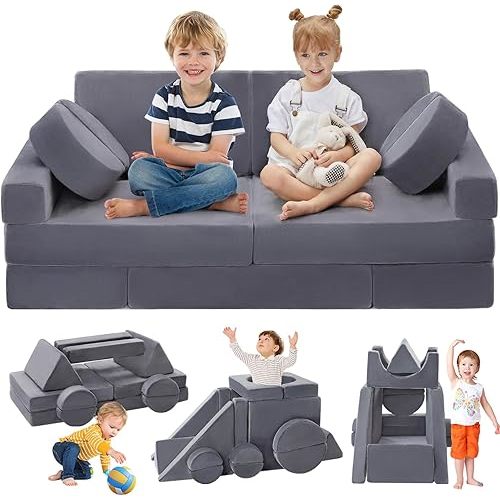 16PCS Kids Couch, Modular Kids Play Couch for Toddlers, 1000+DIY Convertible Kid Sofa for Playroom Bedroom Building Fort, Versatile Foam Kid Play Sofa for Child Boys & Girls Baby, Grey