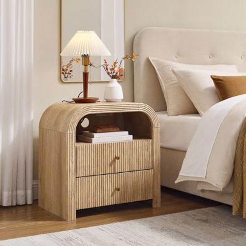 Modern 24" Fluted Nightstand, Charging Station Nightstand with 2 Drawers and Rounded Corners, Side Table for Bedroom & Living Room, Natural