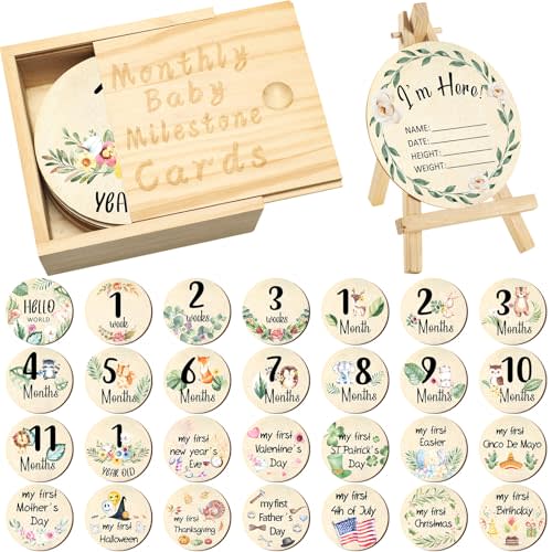 Wesiti 31 Pcs Baby Monthly Milestone Sign Wooden Set Double Sided Hello World Milestone Cards Pregnancy Journey Birth Announcement Props for Baby Boy Girl (Vivid)