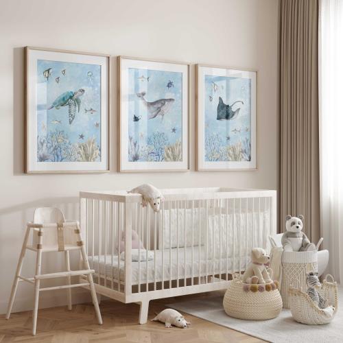 Sea Life Nursery Prints: Whale, Turtle, Stingray - Ocean Blue Decor