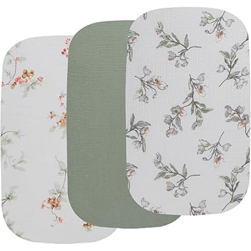 Onacosht Muslin Bassinet Sheets 3 Pack, 100% Cotton Baby Fitted Sheet 33" x 19" Compatible with Mika Micky, KoolaBaby (3 in 1), BabyBond, HARPPA and RICUTON Bedside Bassinet, Green and Botanical