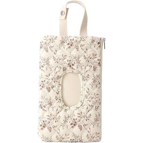 Quilted Baby Wipe Holder Floral Quilted Diaper Pouch Portable Mommy Bag for Travel Stroller Daily Casual (Beige)
