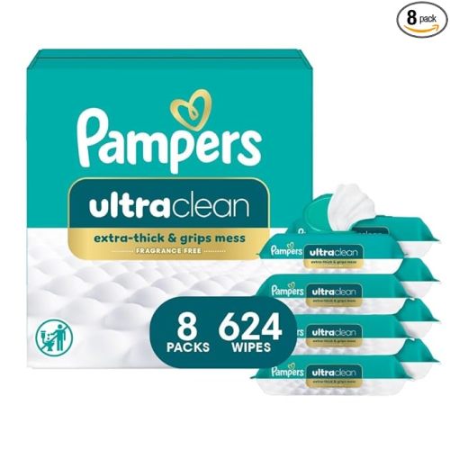 Pampers Ultra Clean Baby Wipes (Previously 'Free & Gentle'), 99% Water, Hypoallergenic, Unscented, 100% Plant Based, Plastic-Free, 624 Baby Wipes Total (8X Flip-Top Packs) [Packaging May Vary]
