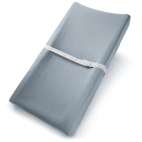 Comfy Cubs Muslin Fitted Changing Pad Cover - Soft, Breathable & Washable 100% Cotton Fitted Sheet for Baby's Comfort - Universal Fit for Flat & Curved Baby Changer Pad - Pacific Blue
