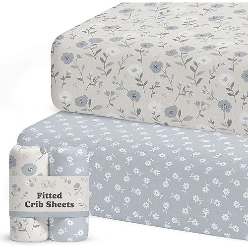 Crib Sheets for Boys & Girls – 2 Pack Fitted Baby Crib Sheets Neutral for Standard & Toddler Bed Mattress – Buttery Soft Organic Cotton Blend (Linnea Blue Floral)