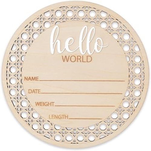 Baby Announcement Sign Wooden Hello World Round, Newborn Birth Stats Board Name Date Weight Length, Baby Photo Prop Nursery Decor (White)