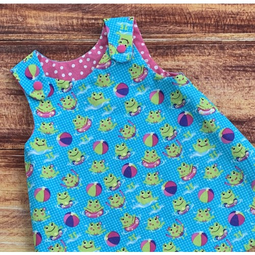 Reversible Frog Baby Pinafore: Pink Polka Dot Dress, Gift for Baby Shower