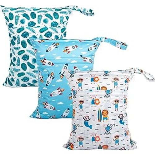 babygoal Wet Dry Bags for Baby Cloth Diapers, Washable Travel Bags, Beach, Pool, Gym Bag for Swimsuits & Wet Clothes with Two Zippered Pockets 3 Pack, 3LN12