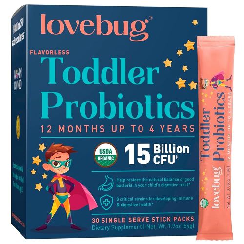 LOVEBUG Award Winning Probiotics | Constipation & Stomach Discomfort | Softer Bowel Movements | Easy-to-Take Powder | Ages 12 Months to 4 Years | 30 Packets