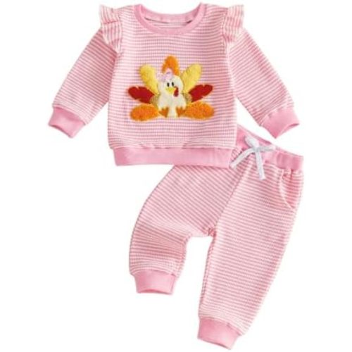Toddler Baby Girl Thanksgiving Outfit Turkey Striped Sweatshirt Pants Set