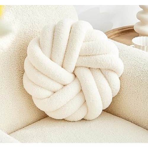 Cream White Knot Pillow 13.7'' Round Throw Pillow Soft Plush Knot Ball Pillow Handmade Knotted Pillow Modern Home Decorative Knotted Pillow Cushion for Bed Bedroom, Sofa, Couch