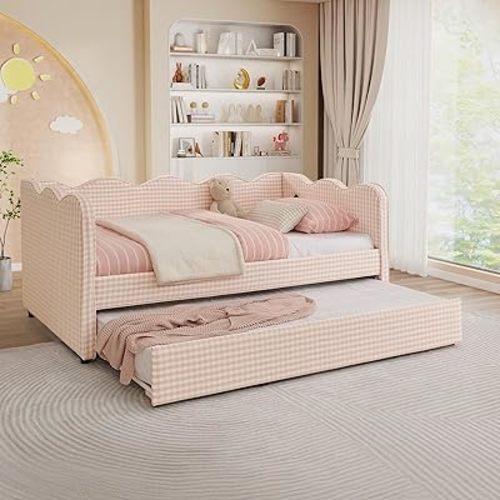 80.5" Daybed with Trundle, Gingham Twin Size Day Bed Frame with USB Charging Ports Modern Upholstered Sofa Bed for Living Room Bedroom Guest Room, Pink