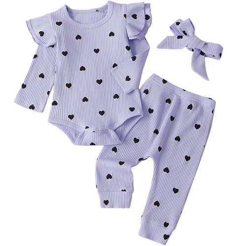 Curenmufel Baby Girl Clothing Set Winter Newborn Girl Outfits Long Sleeve Ruffle Romper Long Pants Headband Baby Girl Coming Home Outfit 0 3 6 9 12 18 24 Months (Light Purple,3-6 Months)