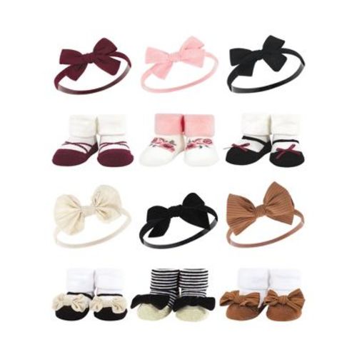 Hudson Baby Infant Girl 12Pc Headband and Socks Giftset, Burgundy Black Black Stripe Neutrals, One Size