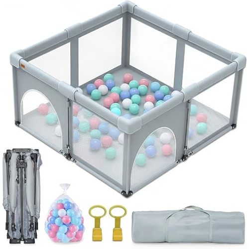 Foldable Baby Playpen,50x50 Inches Portable Playpen,Collapsible Play Pen for Babies and Toddlers,Indoor & Outdoor Baby Fence Play Area,Cold Gray