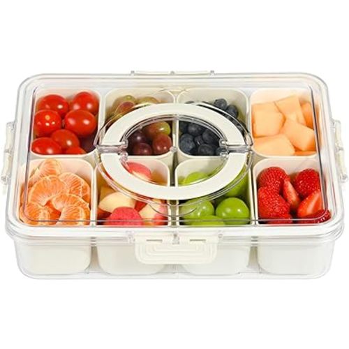Portable Snackle Box Container, Divided Serving Tray with Lid and Handle, Clear Snack Box Container with 8 Compartments