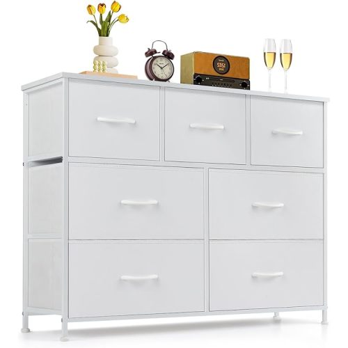 7-Drawer Dresser for Bedroom, Anti-Tip Wide Storage Organizer Fabric Chest of Drawers TV Stand for 45" TV with Wooden Top and Metal Frame for Closet, Living Room, Hallway, Entryway, White