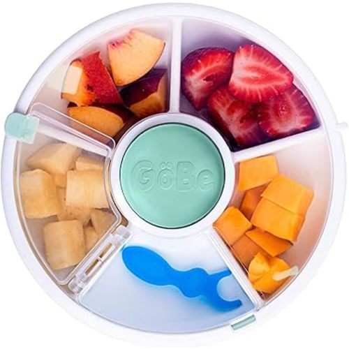 GoBe Kids Snack Spinner Bundle with Hand Strap and Sticker Sheet - Reusable Snack Container with 5 Compartment Dispenser and Lid | BPA and PVC Free | Dishwasher Safe | No Spill, Leakproof