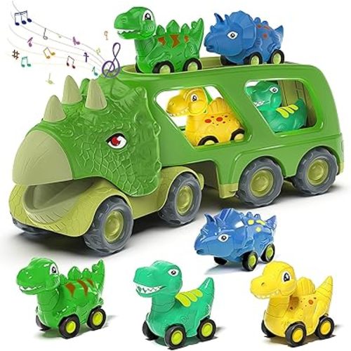 Veslier Dinosaur Car Toys for2 3 4 5 Years Old Boys, Friction Power Carrier Truck with 4 Pack Small Pull Back Dino Car, Christmas Birthday Gift for 3+ Boy Girl Kids Toddlers