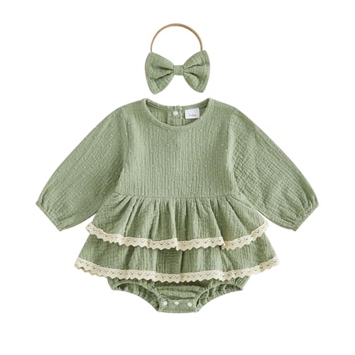 BeQeuewll Newborn Baby Girl Linen Romper Dress+Headband Fall Winter Clothes | 0-18 Months Baby Clothes, Long Sleeve Newborn Dress Romper with Headband