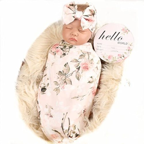 Galabloomer Newborn Receiving Blanket Headband Set Flower Print Baby Swaddle Blankets (Vintage)