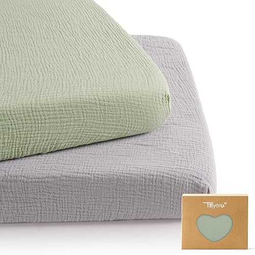TILLYOU Muslin Mini Crib Sheets 2 Pack, Pack and Play Mattress Sheets Fitted for Pack N Play, 38 x 26 Sheet for Toddler, Grey and Saga