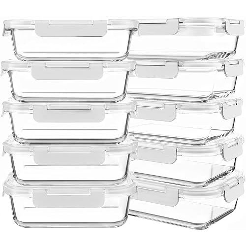 KOMUEE 10 Packs 30 oz Glass Meal Prep Containers,Glass Food Storage Containers with Lids,Airtight Lunch Bento Boxes,Microwave, Oven, Freezer and Dishwasher,White
