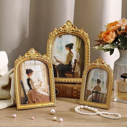 3 Pcs Vintage Picture Frames Baroque Ornate Gold Arched Photo Frames Antique for 4x6, 5x7, 6x8 In, Stand, Tabletop, Flower Ornate for Home Decor Photography Props Gifts(Elegant)