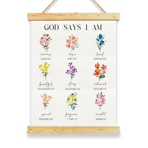 Spring Floral Cute Bible Verse Affirmation Wall Art, God Says I am Wall Decor, Bible Verse Wall Decor for Kids Room Classroom School Office Calming Corner