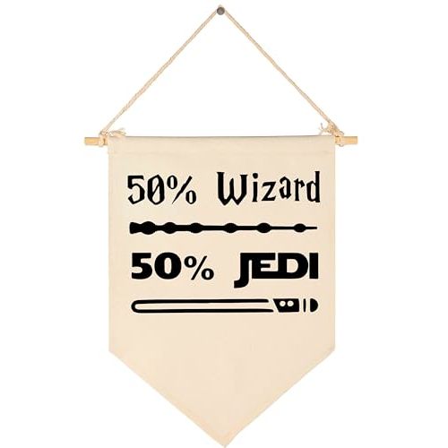 50% Wizard 50% Jedi-Canvas Hanging Flag Banner Wall Sign Decor Gift for Baby Kids Boy Nursery Teen Room Front Door -Star Quotes Wars Gift