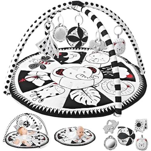 Black and White Tummy Time Mat, Play Mat for Babies 0-6 Months High Contrast Baby Play Activity Gym Baby Tummy Time Play Mat with 5 Toys for Early Sensory Exploration Newborn Infant Baby Playmat