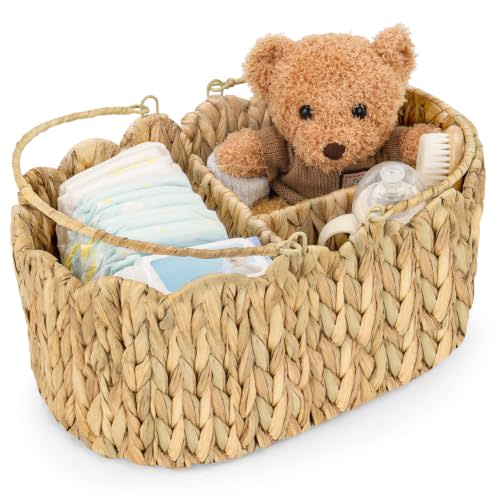 Water Hyacinth Diaper Caddy Organizer with Divider | Handwoven water hyacinth diaper caddy with divider, reinforced handles and scalloped edge for nursery storage