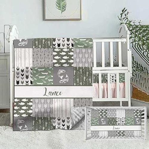 Personalized Baby Boy Fishing Theme Crib Bedding Set – Custom Name 2 Piece Set with Minky Dot Blanket & Fitted Sheet – Soft Nursery Bedding for Newborn, Infant, Toddler
