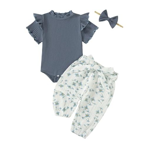 SUNNY PIGGY Newborn Baby Girl Clothes 4Pcs Cute Infant Fall Winter Outfits | 0-18 Months,Toddler Girl Clothing Set,Cute Ruffle Long Sleeve Romper,Casual Floral Pants with Bow Headband,Newborn Essentials