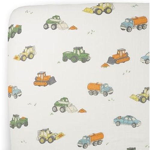 Little Unicorn Premium Crib Sheet | Breathable & Super-Soft Muslin Fabric (Work Trucks)