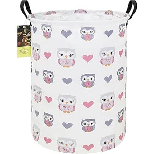 HUNRUNG Laundry Hamper,Large Canvas Fabric Lightweight Storage Basket Toy Organizer Dirty Clothes Collapsible Waterproof for College Dorms（Round-Love Owl）