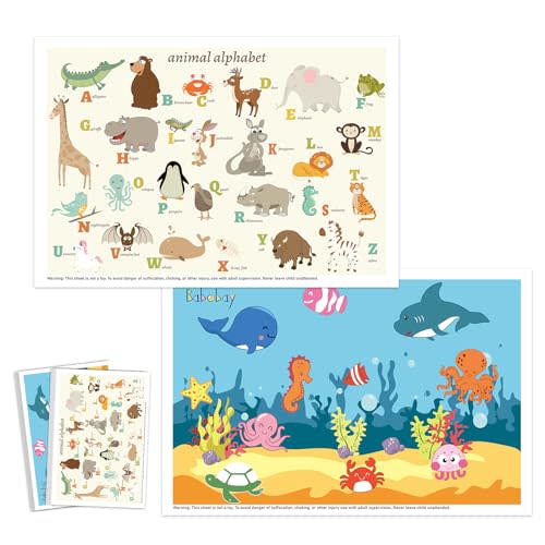 Babebay Disposable Placemats for Baby, 60 Pack Sticky Toddler Placemat for Restaurants, Dining Table, Party, Travel, 12" x 18" with 2 Designs