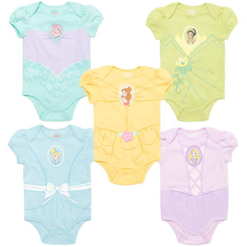 Disney Princess Cinderella, Rapunzel, Belle, Tiana Onesies - 5 Pack Infant Baby Girls Bodysuits