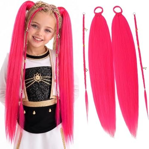 SEIKEA Pink Hair Extensions on Hair Tie, Lightweight Full Volume 22" Double Ponytail Set with 2Pcs Front Braids & Gold Accessories, Colored Hair Extensions for Kids for Cosplay Party Crazy Hair Day