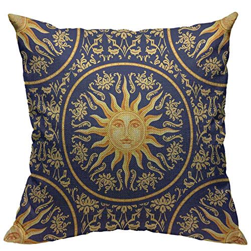 VERSUSWOLF Throw Pillow Covers Vintage Celestial Baroque Blue Gold Sun Face Planet Astronomy Cotton Linen Decorative Square Pillowcases Cushion Cover 18 X 18 Inch