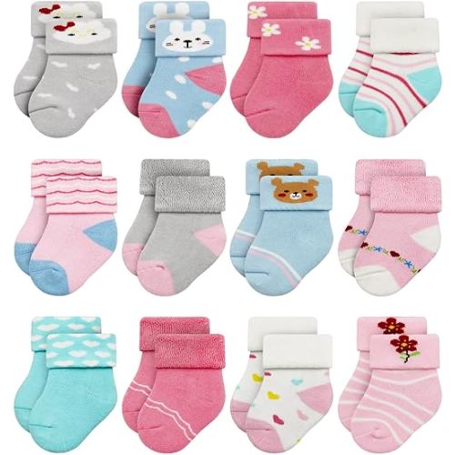 RATIVE Newborn Baby Socks 0-6,6-12 Months Terry Turn Cuff Socks for Boys Girls