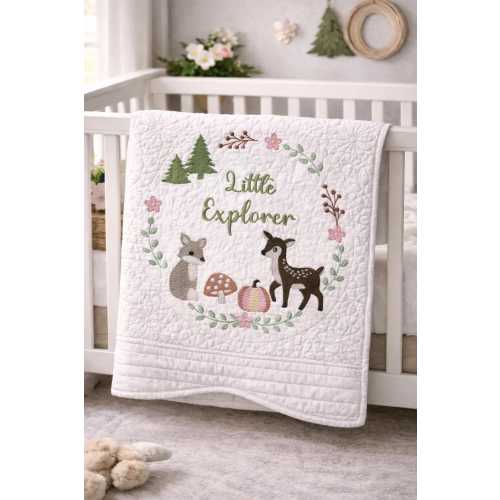 Personalized Baby Quilt – Embroidered Woodland Animals, Little Explorer Nursery