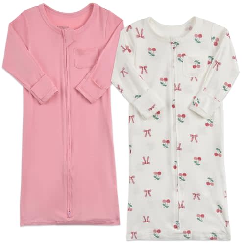 Aablexema Baby Nightgowns Rayon of Bamboo 2-way Zipper for Boys Girls | 2Pcs Newborn Sleep Sack, infant Sleeper Gown with Flip Mittens & Foot Cover, Easy to Diaper Changes,Tagless
