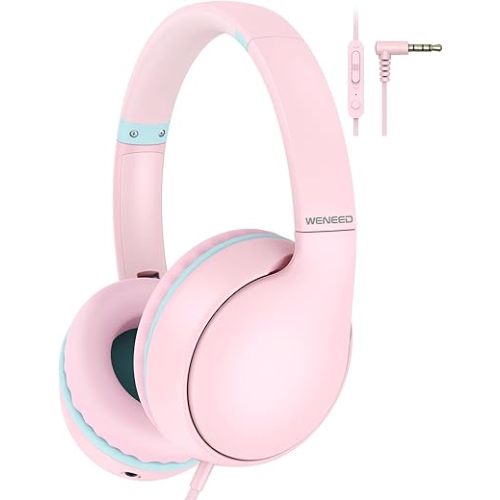 weneed Kids Headphones Wired with Microphone, Over Ear 85/94dB Volume Limited Headphones with Share Port, Stereo Sound Foldable Headset for Teens/Boys/Girls - Pink
