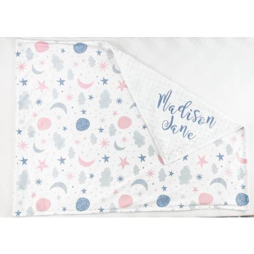Personalized Baby Blanket, Blanket with stars and sky for baby, Minky Blanket with Name, Baby Shower Gift, Embroidered blanket, 49